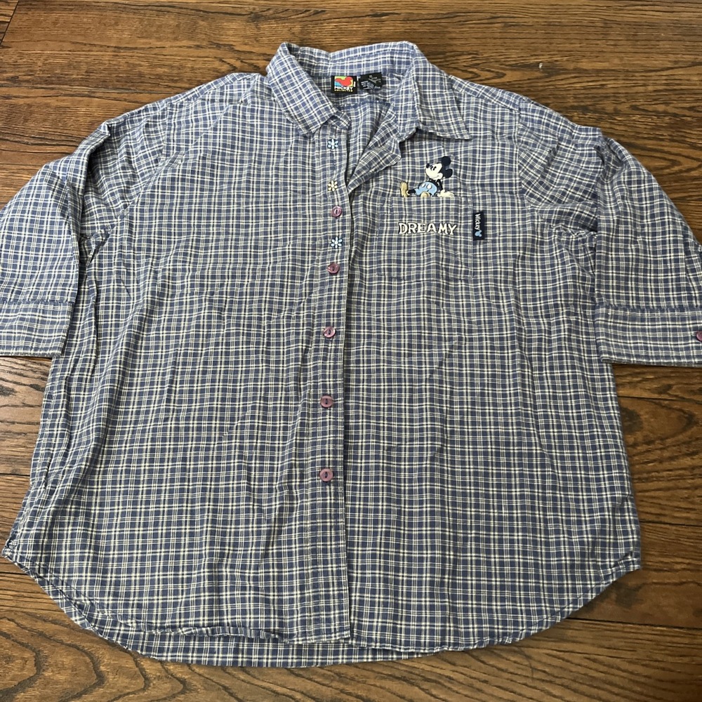 VTG Disney Dreamy Mickey Mouse Mid Sleeve Button Shirt Plaid Embroidered XL
